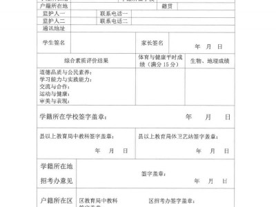 武汉市户籍应届初中毕业生回汉参加中考报名申请表