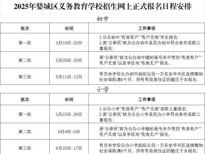 2025金华婺城区义务教育招生报名日程表