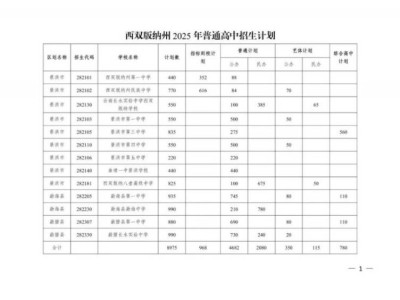 2025年西双版纳高中招生计划（招生人数+学校代码）