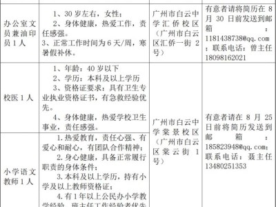 广州市白云中学招聘校医+小学语文老师启事（8月25日前报名）