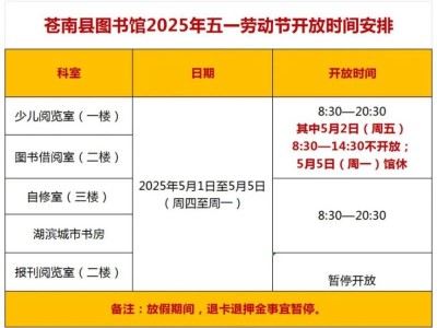 2025温州苍南县图书馆五一开放时间