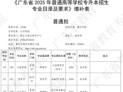 《广东省2025年普通高等学校专升本招生专业目录及要求》增补表 