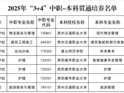 2025年遵义中职学校与本科院校“3+4”中本贯通培养试点