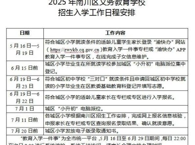 2025年南川区义务教育学校招生入学工作日程安排