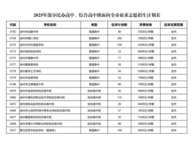 2025年徐州部分民办高中、综合高中班面向全市征求志愿招生计划表