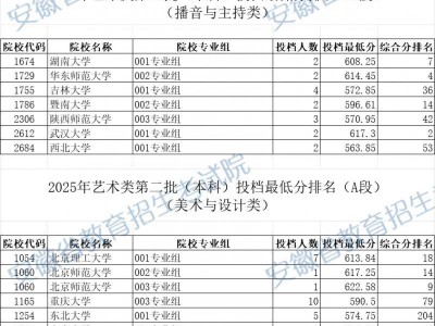 2025安徽艺术类第二批（本科）投档最低分排名（A段）