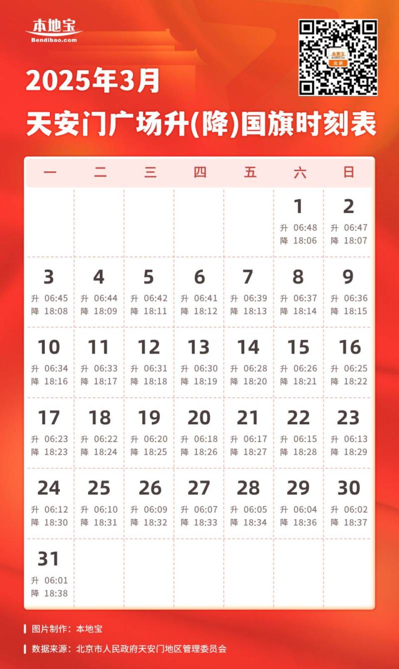 2025年3月北京天安门广场升降旗日历表