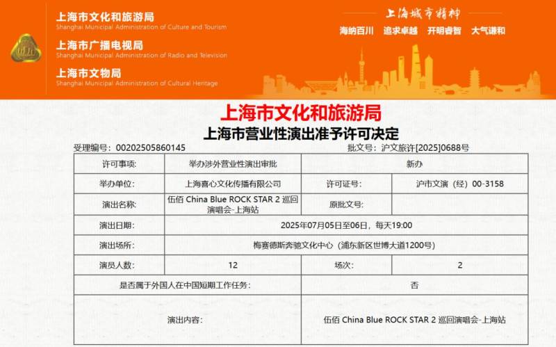 伍佰上海演唱会2025(时间+地点+门票）