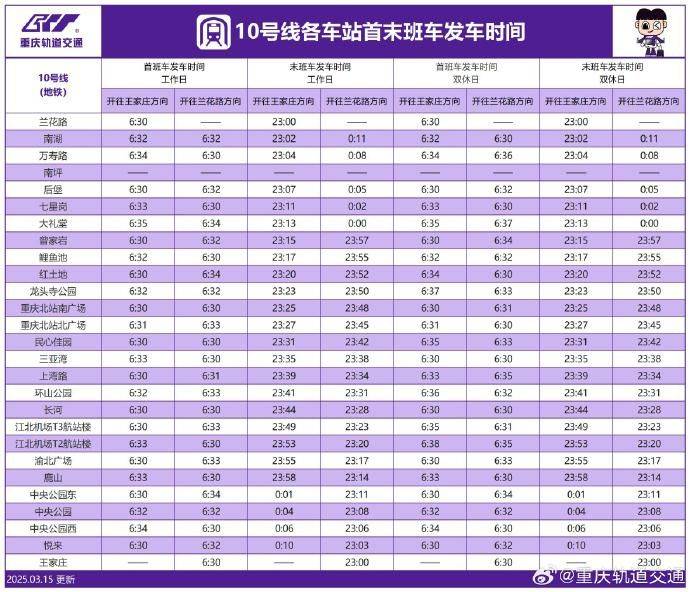  重庆10号线首末班车时间（实时更新）