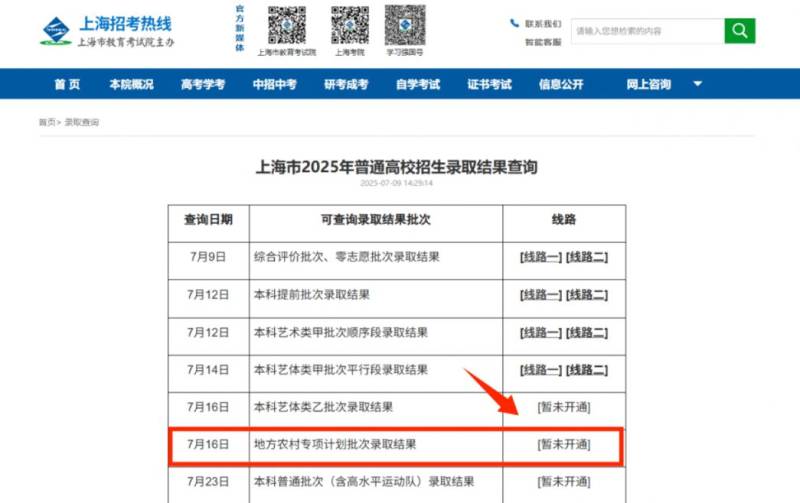 上海地方农村专项计划批次录取结果查询官网2025
