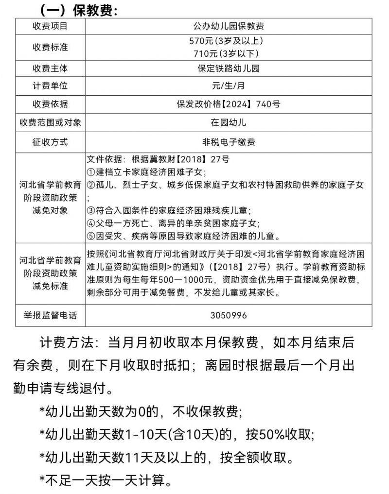 2025保定市直属幼儿园收费标准一览